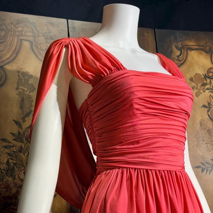 vintage 1970s evening dress, MARITA ANTHONY MUTO Saks Coral Goddess gown with shoulder drape