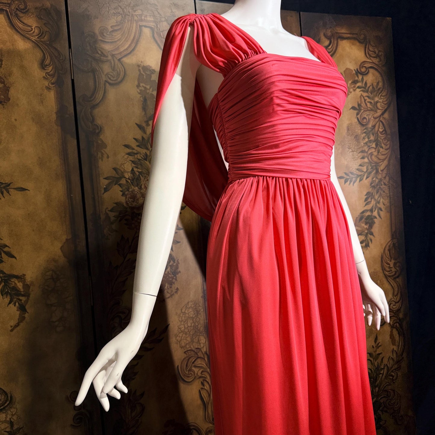 vintage 1970s evening dress, MARITA ANTHONY MUTO Saks Coral Goddess gown with shoulder drape