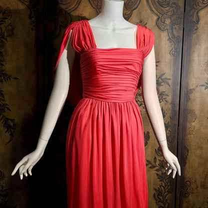 vintage 1970s evening dress, MARITA ANTHONY MUTO Saks Coral Goddess gown with shoulder drape