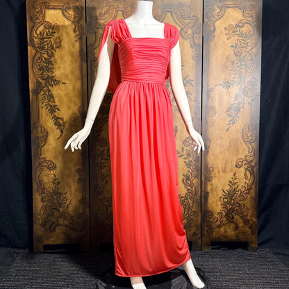 vintage 1970s evening dress, MARITA ANTHONY MUTO Saks Coral Goddess gown with shoulder drape