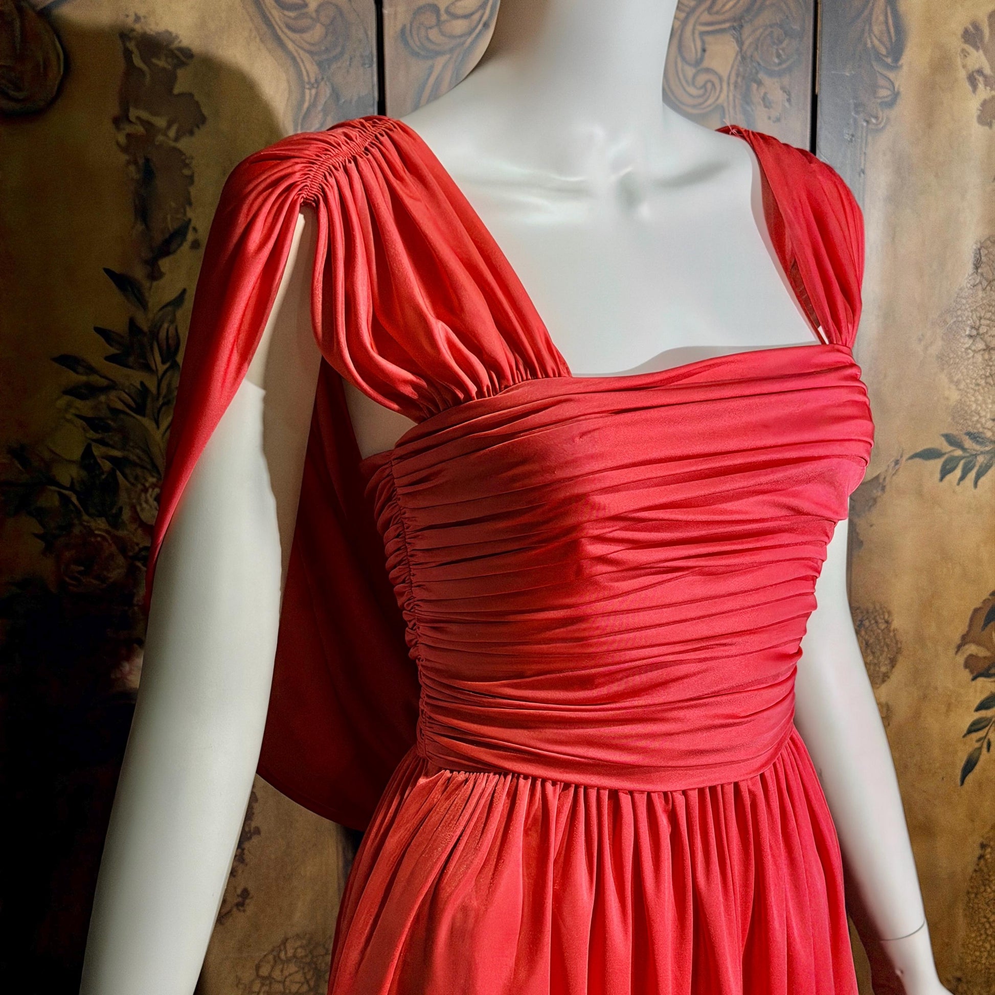 vintage 1970s evening dress, MARITA ANTHONY MUTO Saks Coral Goddess gown with shoulder drape