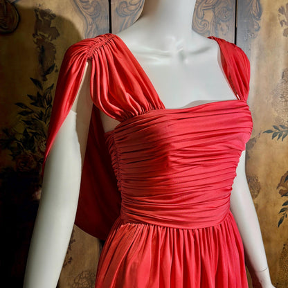 vintage 1970s evening dress, MARITA ANTHONY MUTO Saks Coral Goddess gown with shoulder drape