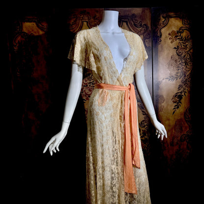 vintage 1930s dressing gown robe, Sheer French Ecru Alencon Lace Peignoir housecoat