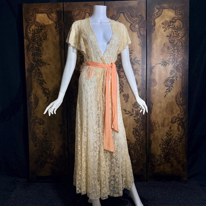 vintage 1930s dressing gown robe, Sheer French Ecru Alencon Lace Peignoir housecoat