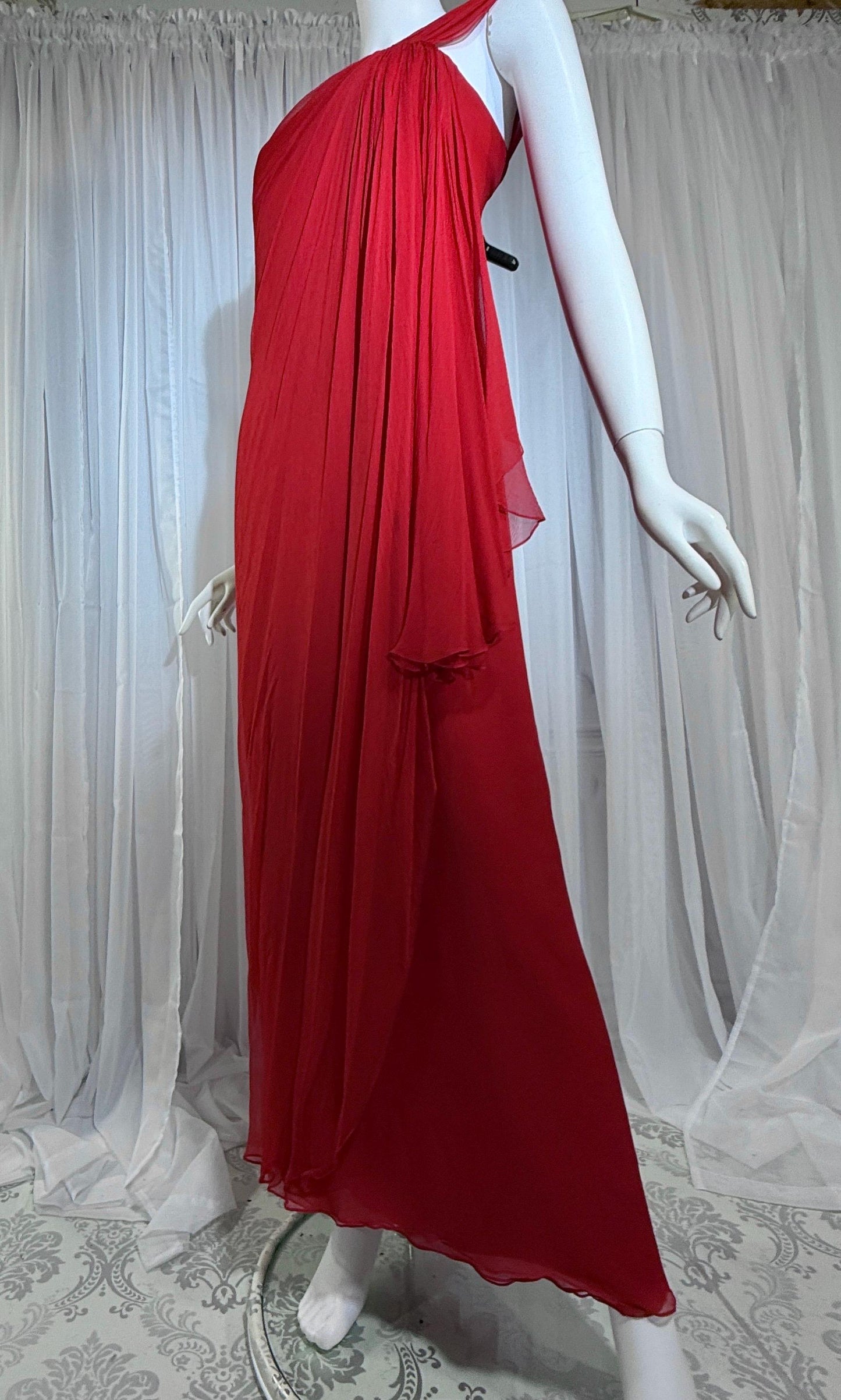 OSCAR de la RENTA vintage 1980s Red Silk evening gown dress, SAKS one shoulder gown Medium
