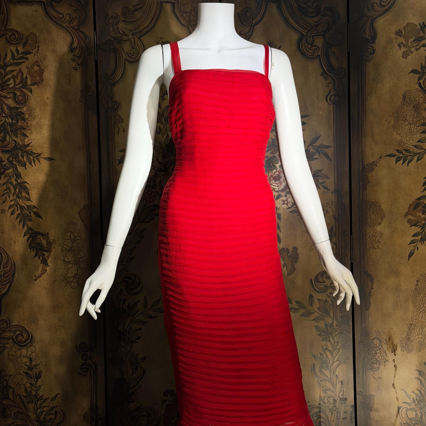 MONDI vintage 1980s Red Silk evening gown dress, tucked sheath gown Medium