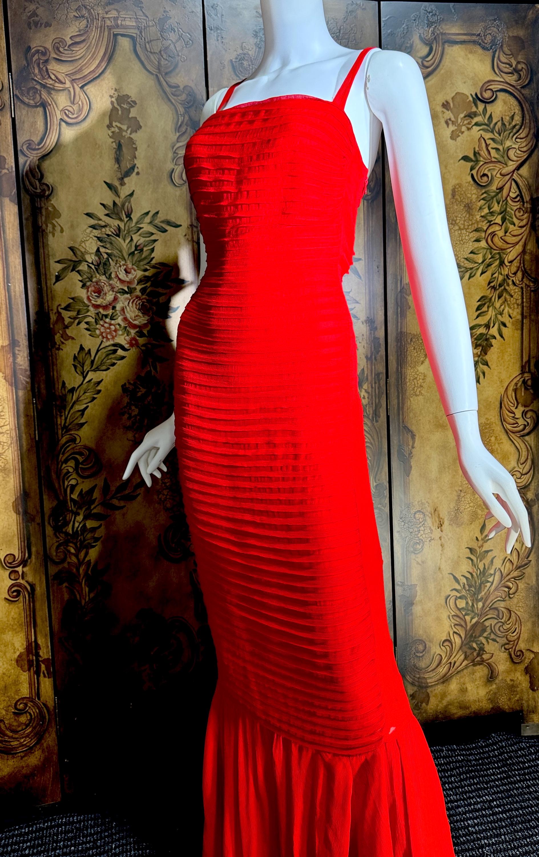 MONDI vintage 1980s Red Silk evening gown dress, tucked sheath gown Medium