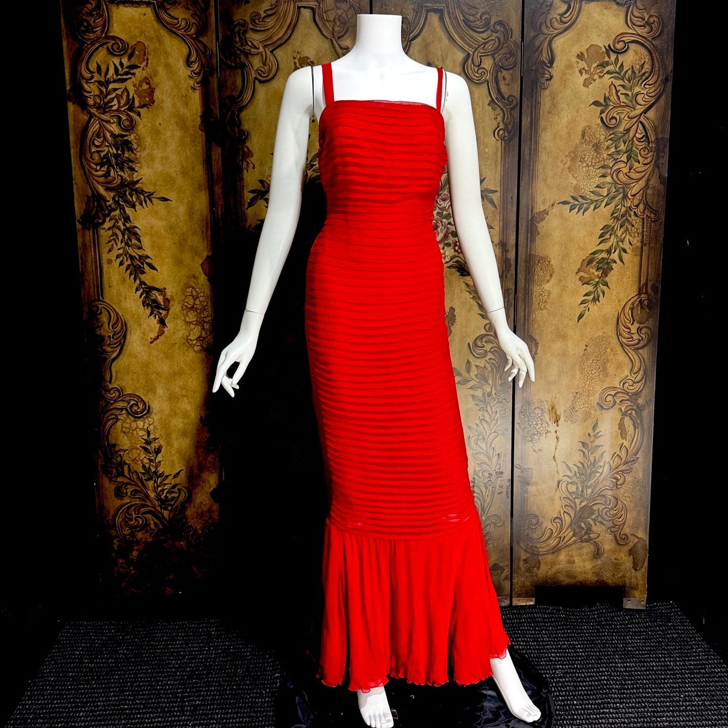 MONDI vintage 1980s Red Silk evening gown dress, tucked sheath gown Medium