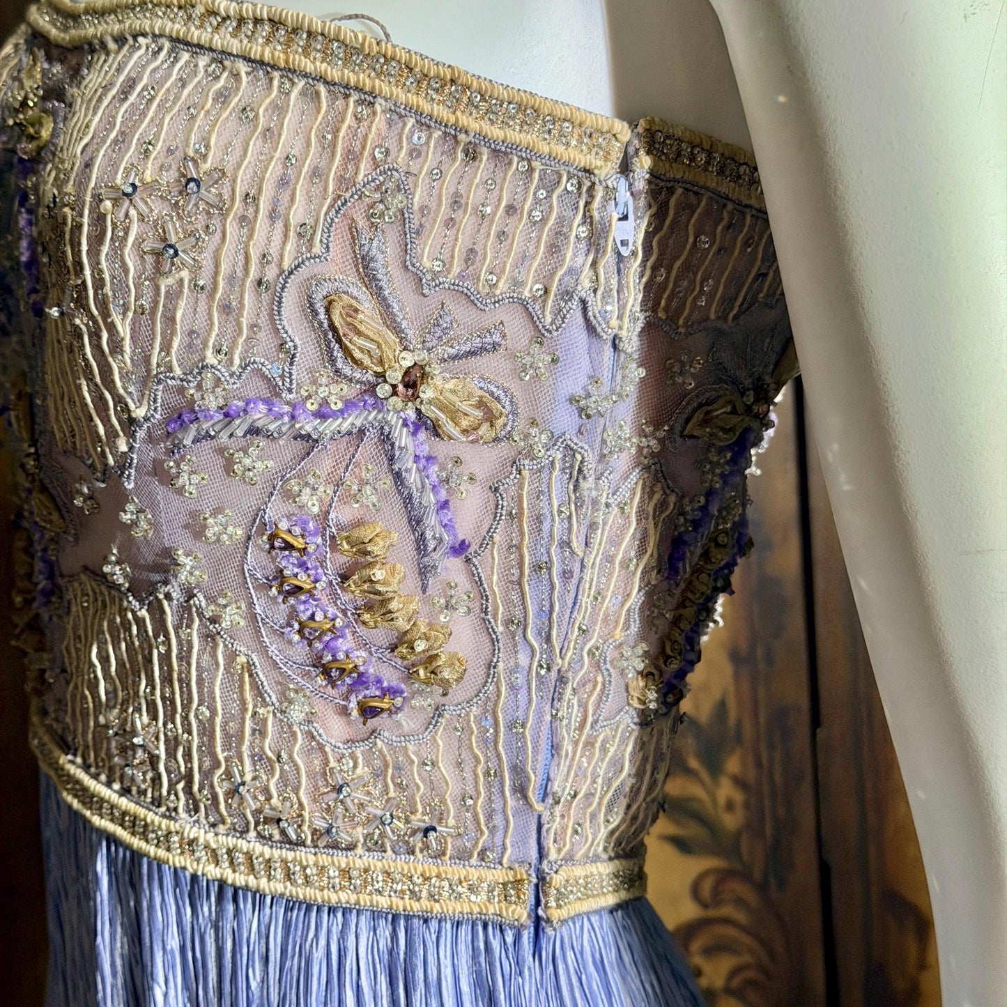 vintage MARY MCFADDEN COUTURE evening gown, 1980s heavily beaded periwinkle strapless gown