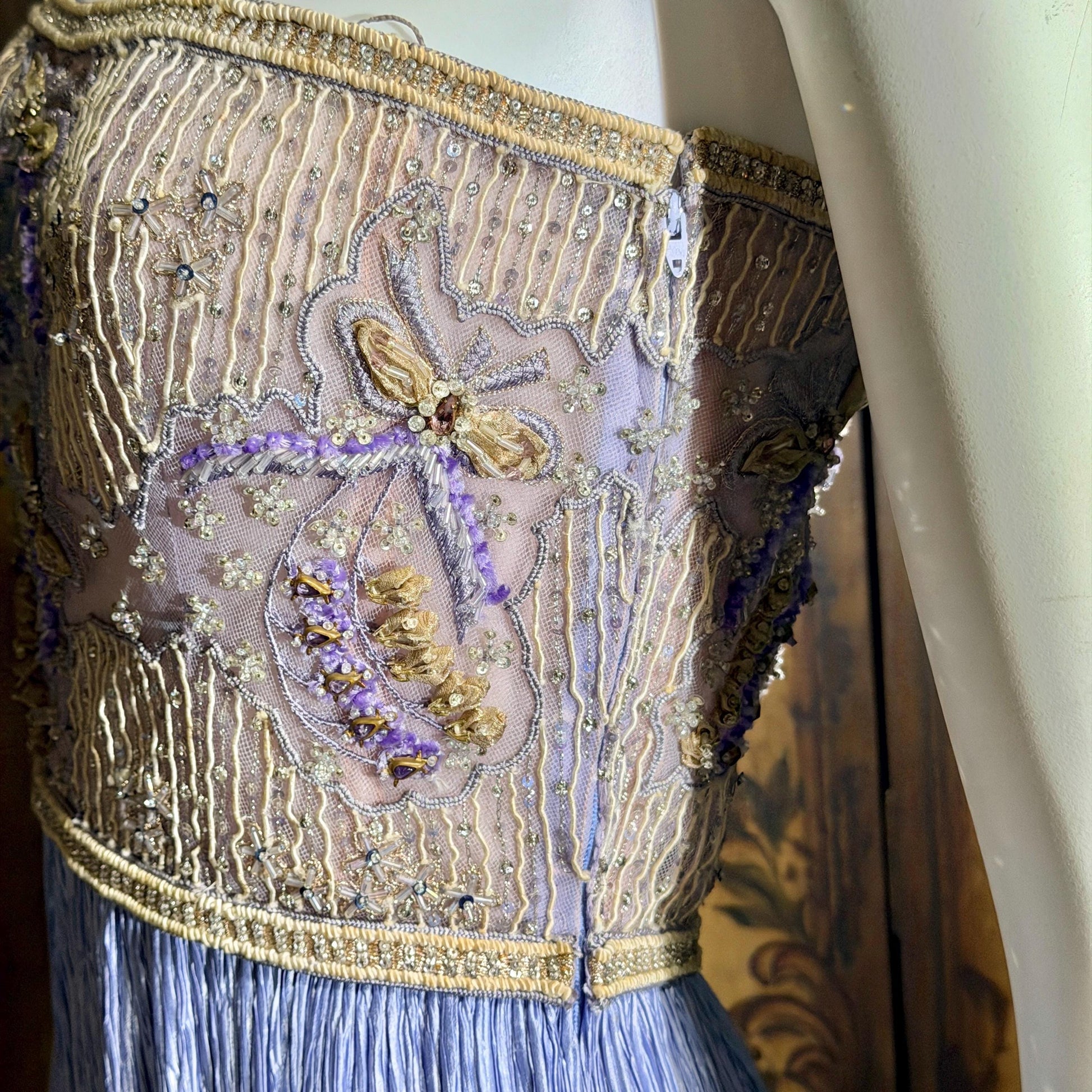 vintage MARY MCFADDEN COUTURE evening gown, 1980s heavily beaded periwinkle strapless gown
