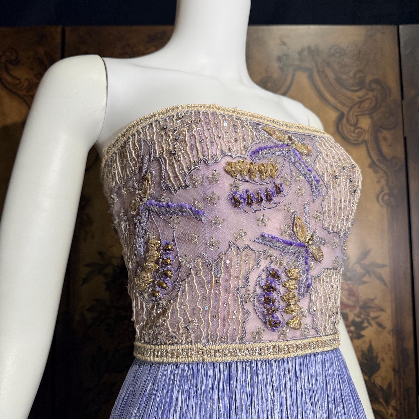 vintage MARY MCFADDEN COUTURE evening gown, 1980s heavily beaded periwinkle strapless gown
