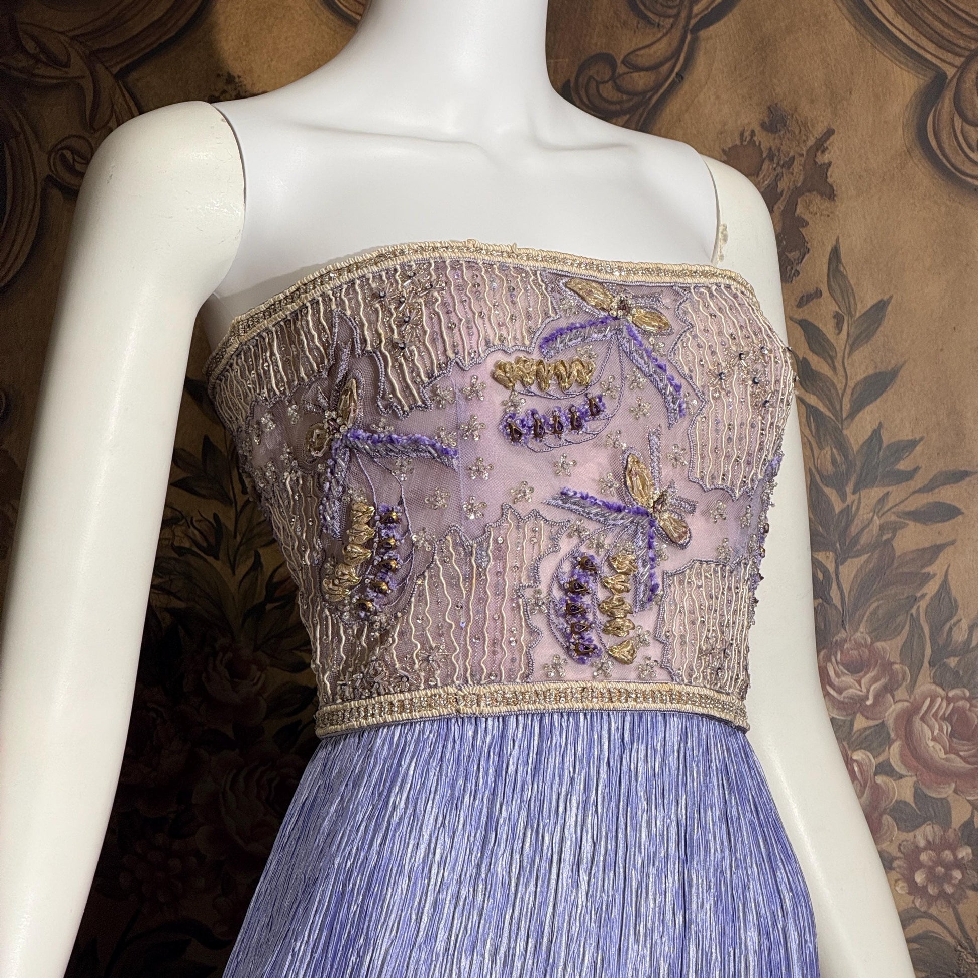vintage MARY MCFADDEN COUTURE evening gown, 1980s heavily beaded periwinkle strapless gown