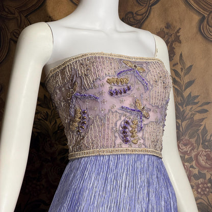 vintage MARY MCFADDEN COUTURE evening gown, 1980s heavily beaded periwinkle strapless gown