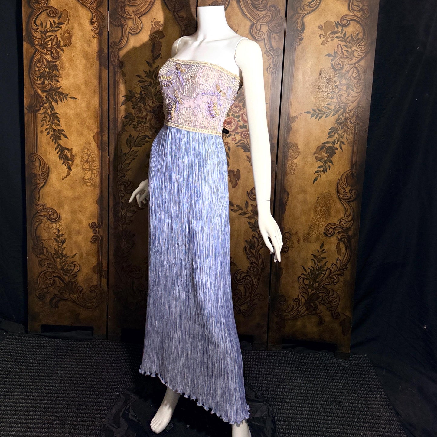 vintage MARY MCFADDEN COUTURE evening gown, 1980s heavily beaded periwinkle strapless gown
