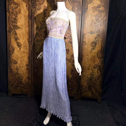vintage MARY MCFADDEN COUTURE evening gown, 1980s heavily beaded periwinkle strapless gown