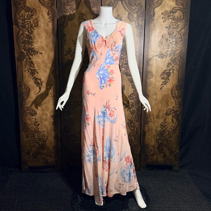 vintage 1940s floral nightgown robe set, Pink bias cut sheath slip dress and quilted robe peignoir set