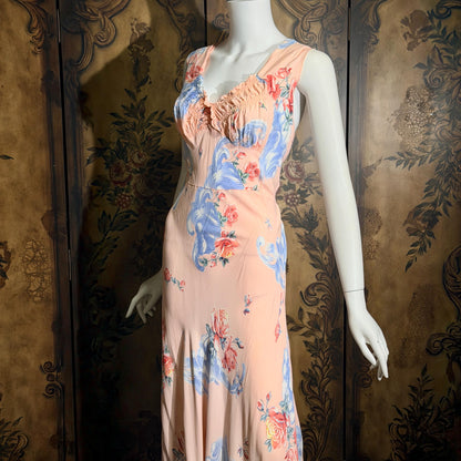 vintage 1940s floral nightgown robe set, Pink bias cut sheath slip dress and quilted robe peignoir set