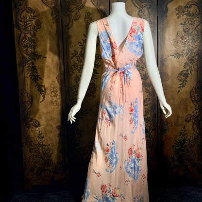 vintage 1940s floral nightgown robe set, Pink bias cut sheath slip dress and quilted robe peignoir set