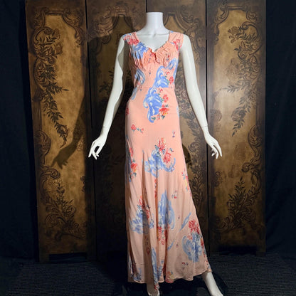 vintage 1940s floral nightgown robe set, Pink bias cut sheath slip dress and quilted robe peignoir set