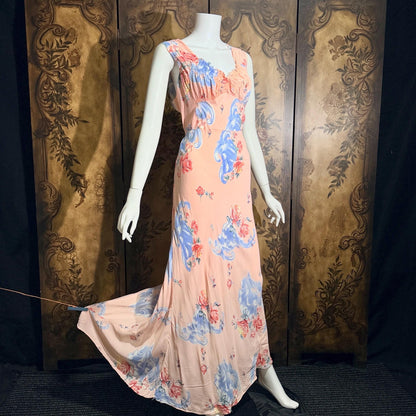 vintage 1940s floral nightgown robe set, Pink bias cut sheath slip dress and quilted robe peignoir set