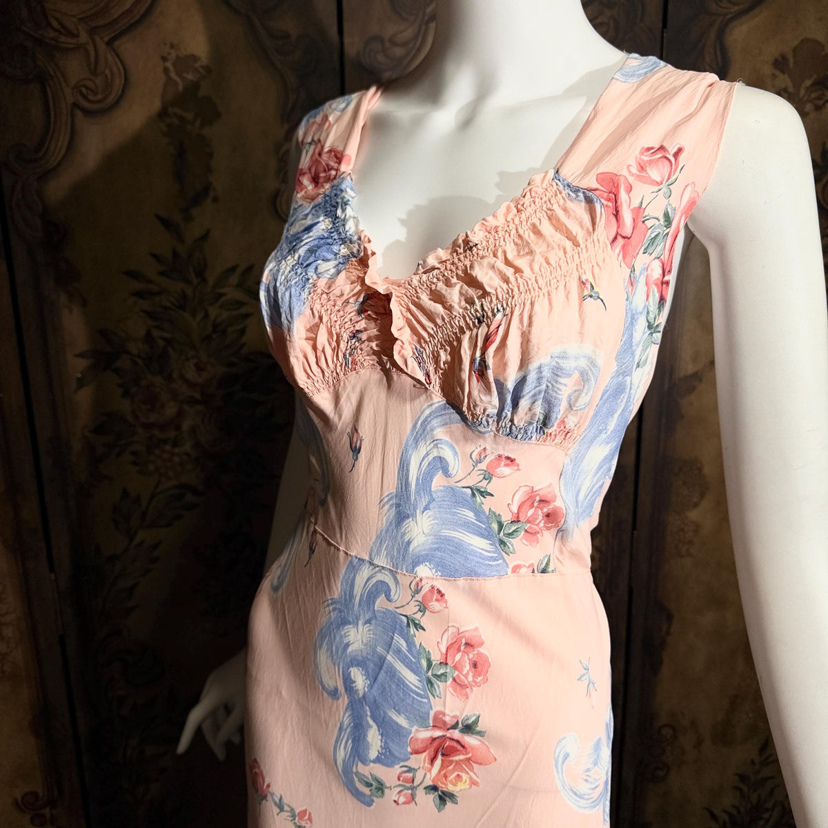 vintage 1940s floral nightgown robe set, Pink bias cut sheath slip dress and quilted robe peignoir set
