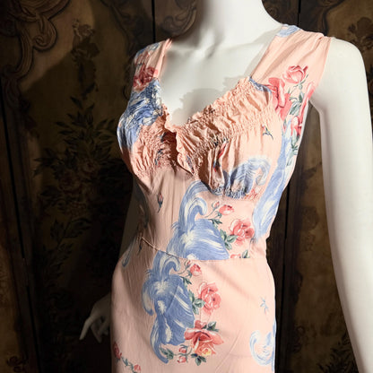 vintage 1940s floral nightgown robe set, Pink bias cut sheath slip dress and quilted robe peignoir set