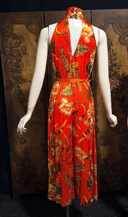 vintage 1970s KEYLOUN evening jumpsuit, 1970s Orange floral pop art cocktail lounging with jacket
