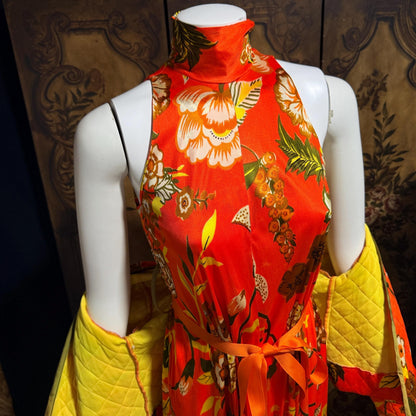 vintage 1970s KEYLOUN evening jumpsuit, 1970s Orange floral pop art cocktail lounging with jacket