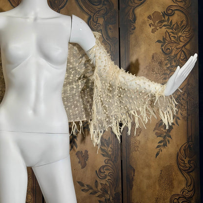 Victorian Edwardian fringed shawl scarf, 1900s Creamy White net and yarn Shoulder Evening Wrap