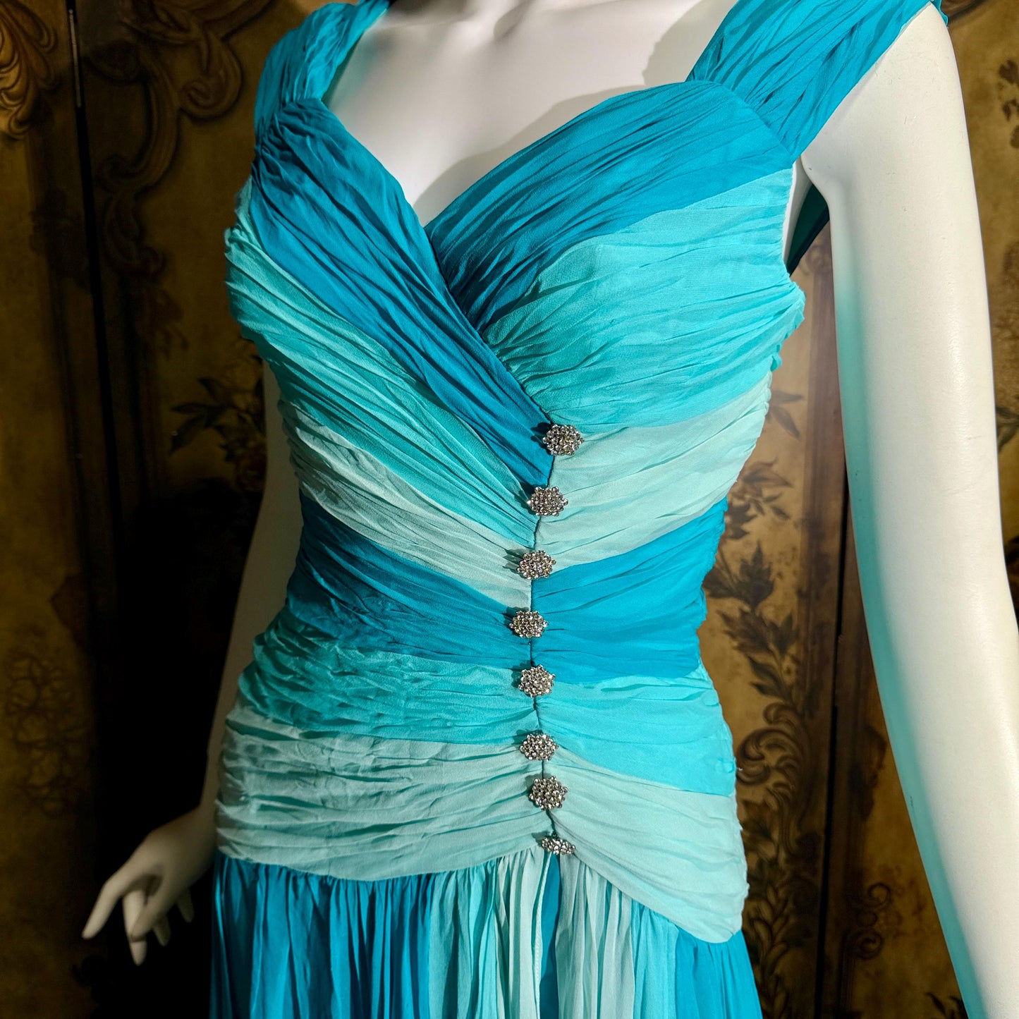 vintage MIGNON evening dress, 1980s SAKS Turquoise Blue ruched Grecian Goddess Gown