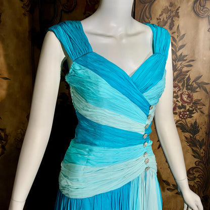 vintage MIGNON evening dress, 1980s SAKS Turquoise Blue ruched Grecian Goddess Gown
