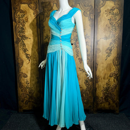 vintage MIGNON evening dress, 1980s SAKS Turquoise Blue ruched Grecian Goddess Gown