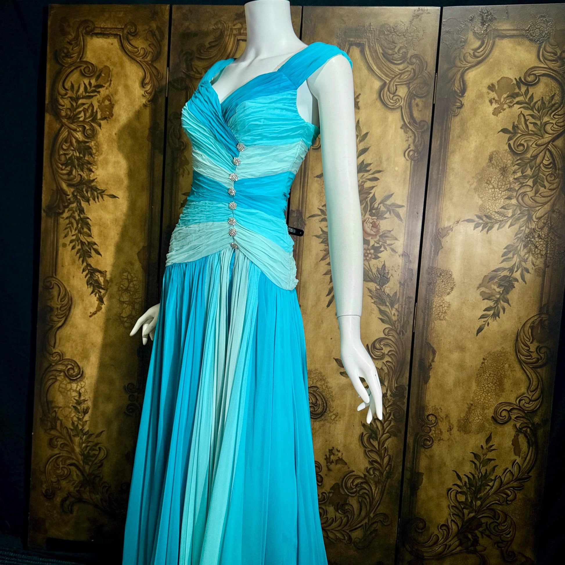 vintage MIGNON evening dress, 1980s SAKS Turquoise Blue ruched Grecian Goddess Gown