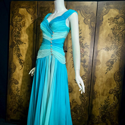 vintage MIGNON evening dress, 1980s SAKS Turquoise Blue ruched Grecian Goddess Gown
