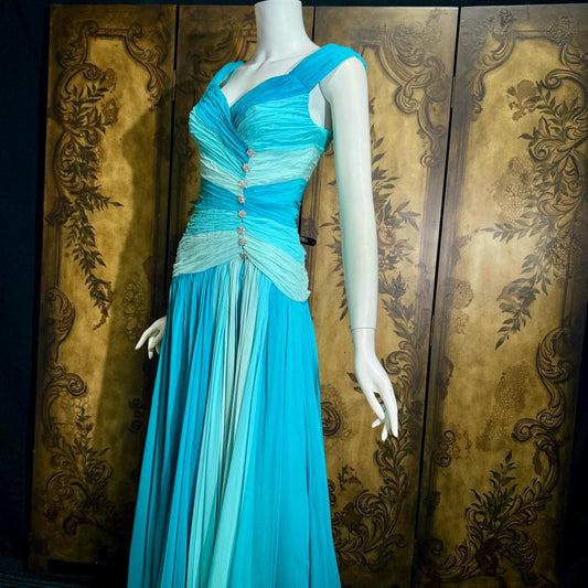 vintage MIGNON evening dress, 1980s SAKS Turquoise Blue ruched Grecian Goddess Gown
