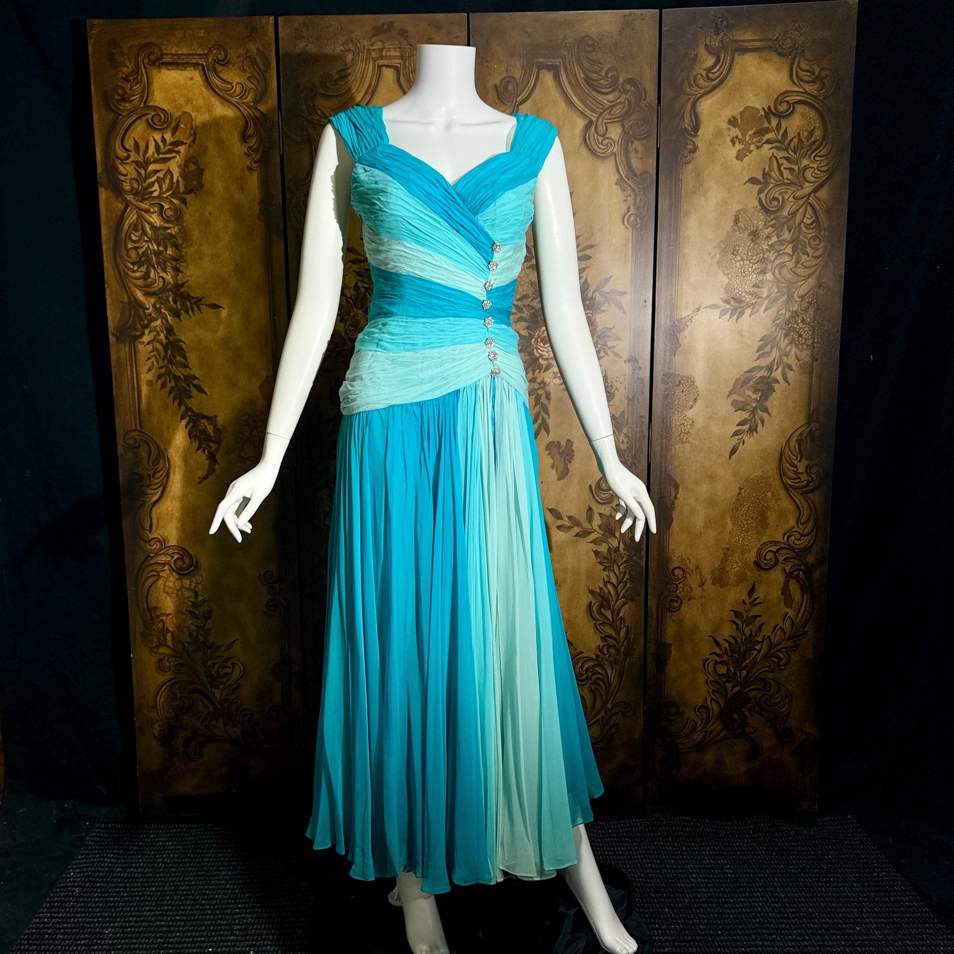 vintage MIGNON evening dress, 1980s SAKS Turquoise Blue ruched Grecian Goddess Gown