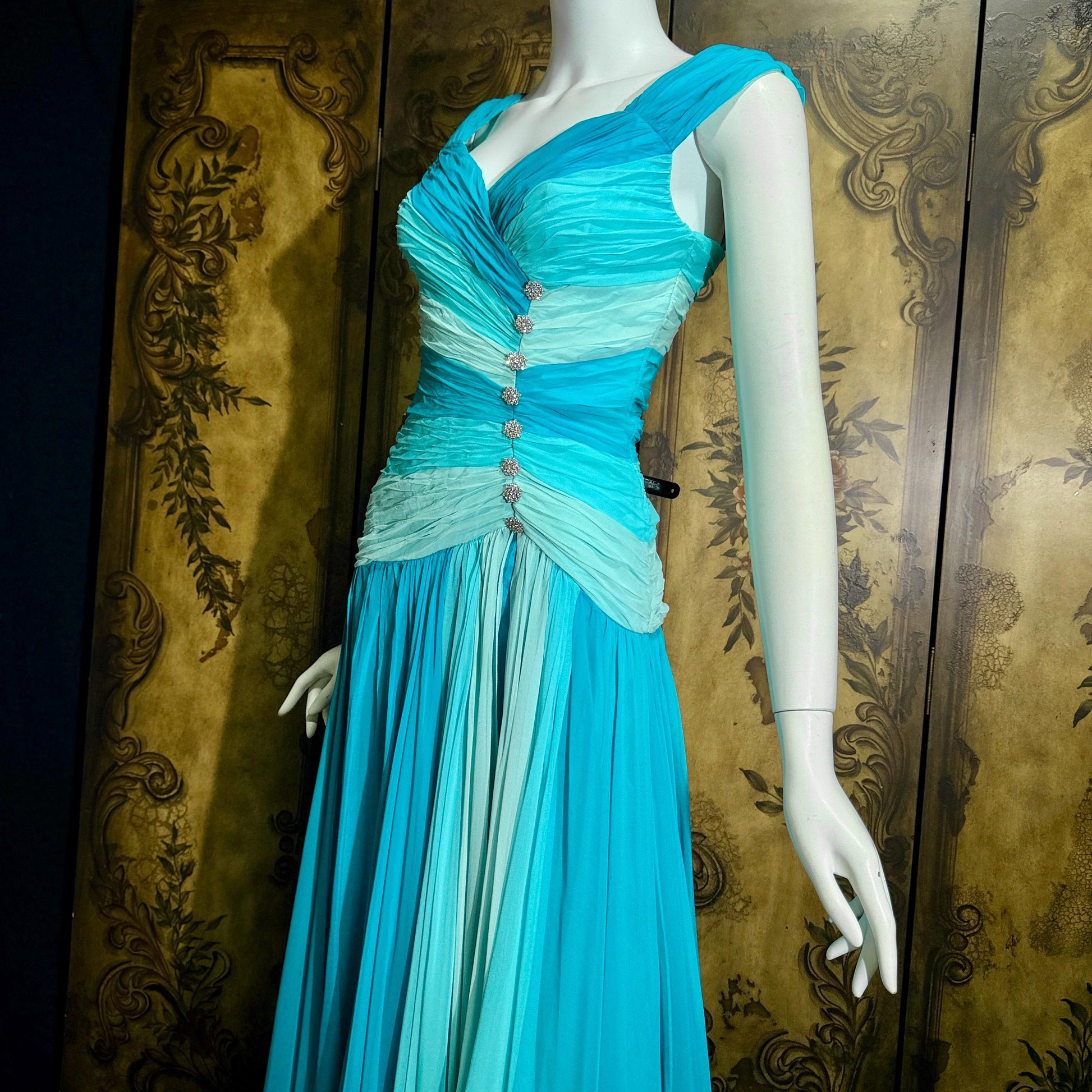 vintage MIGNON evening dress, 1980s SAKS Turquoise Blue ruched Grecian Goddess Gown
