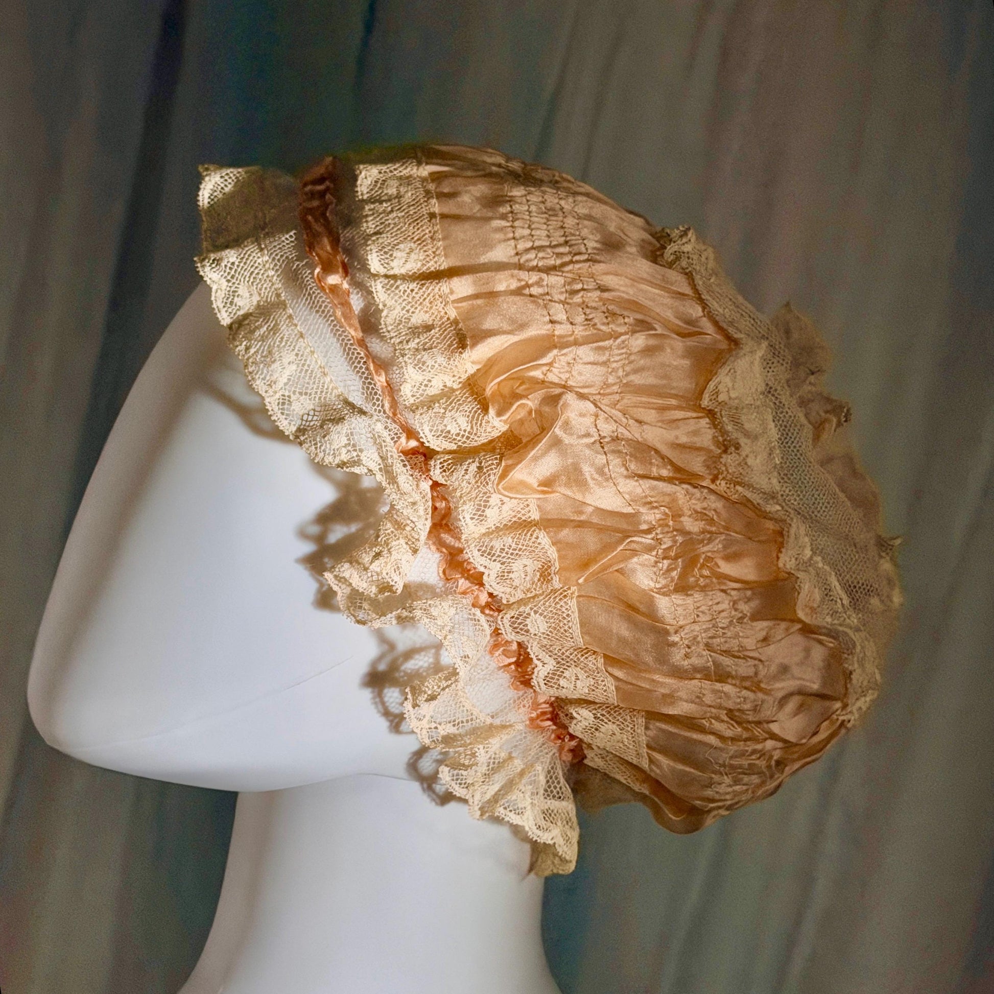 vintage 1920s Silk night cap, Peach boudoir sleeping hat