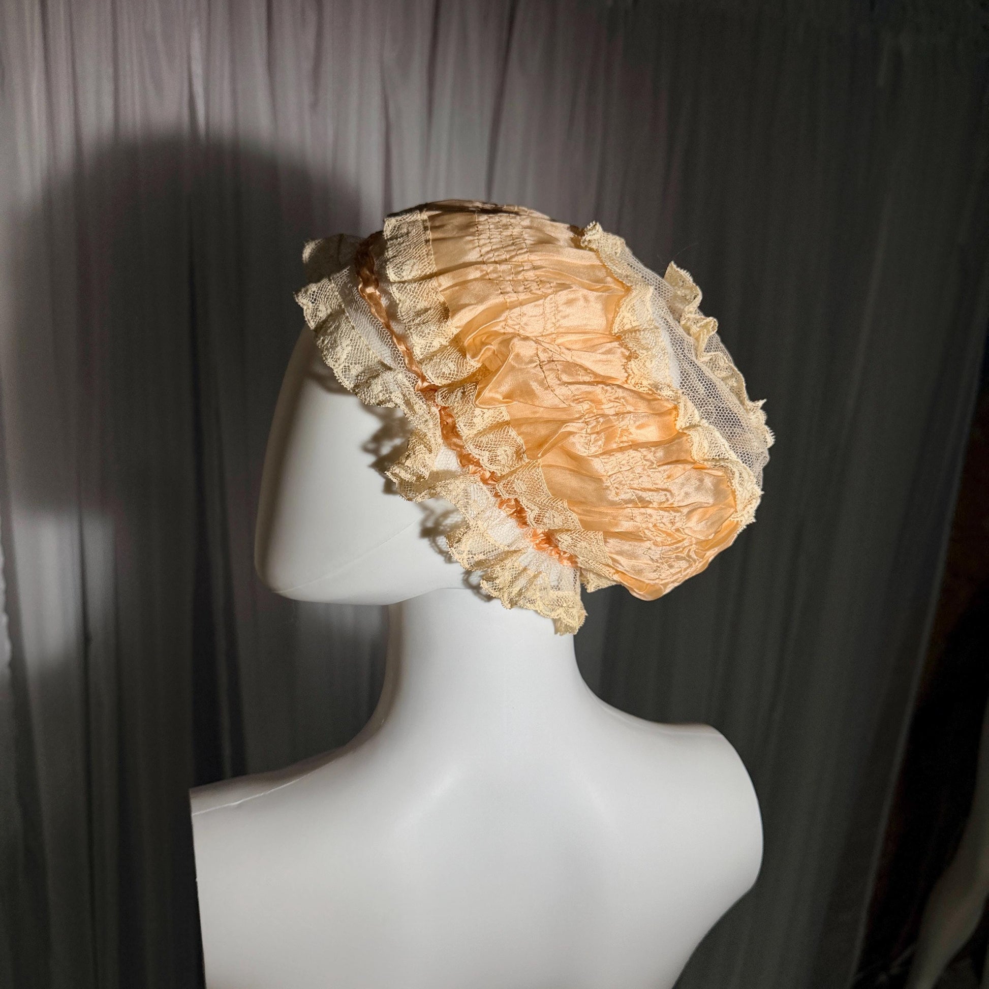 vintage 1920s Silk night cap, Peach boudoir sleeping hat