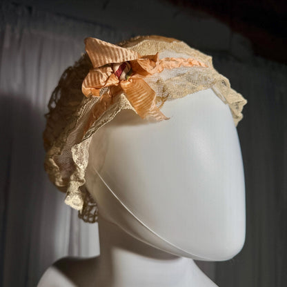 vintage 1920s Silk night cap, Peach boudoir sleeping hat