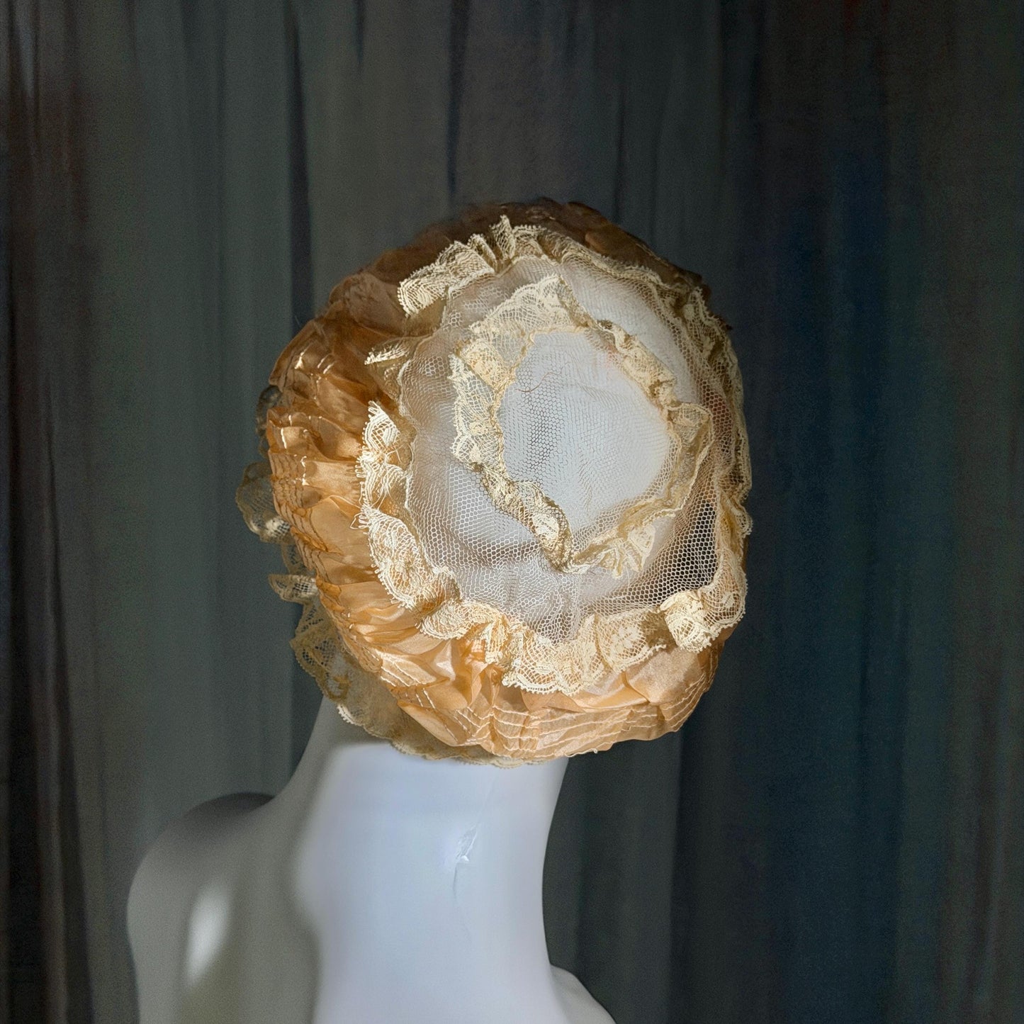 vintage 1920s Silk night cap, Peach boudoir sleeping hat