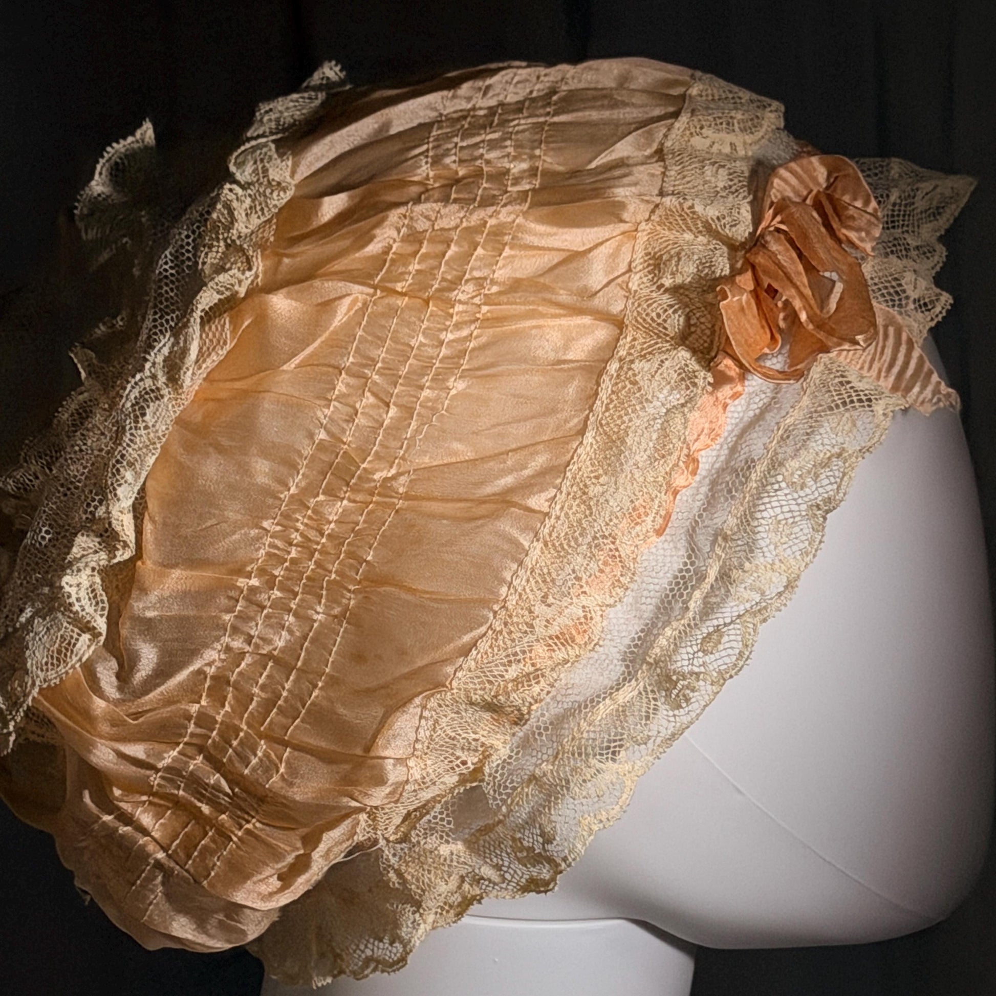 vintage 1920s Silk night cap, Peach boudoir sleeping hat