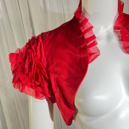 vintage 1990s evening jacket shrug, Vibrant red organza ruffled cocktail party shoulder cover