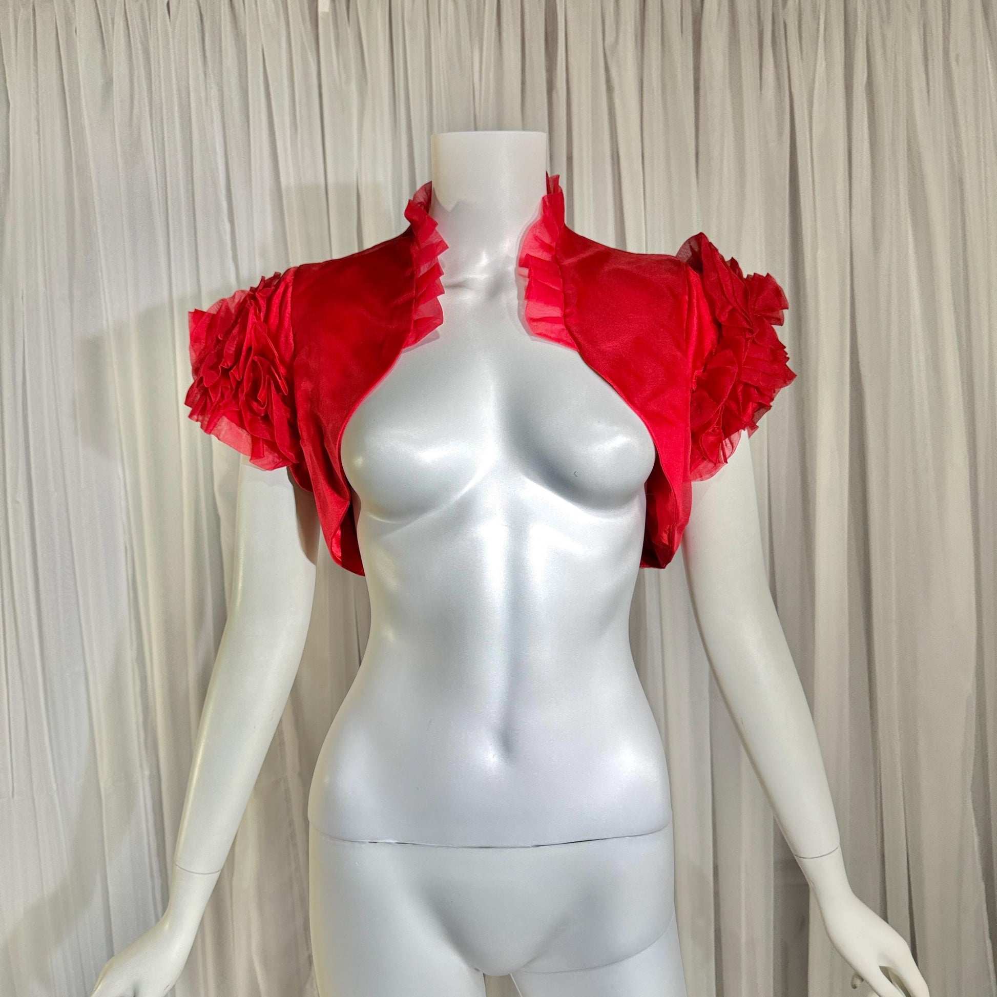 vintage 1990s evening jacket shrug, Vibrant red organza ruffled cocktail party shoulder cover