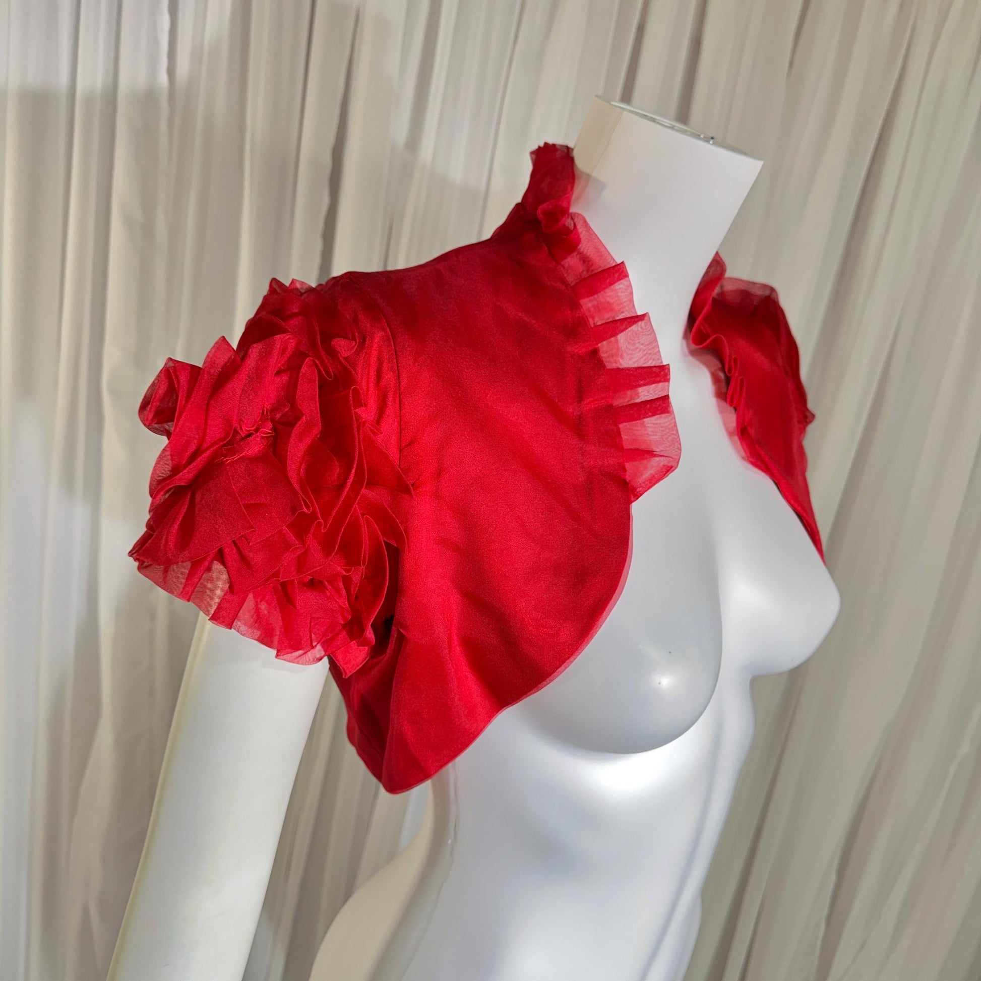 vintage 1990s evening jacket shrug, Vibrant red organza ruffled cocktail party shoulder cover