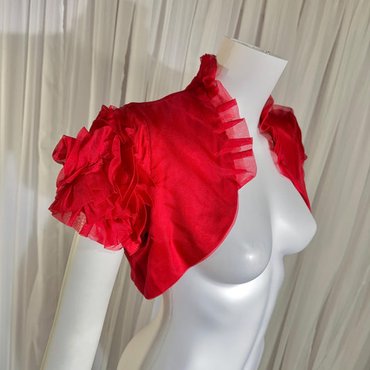 vintage 1990s evening jacket shrug, Vibrant red organza ruffled cocktail party shoulder cover