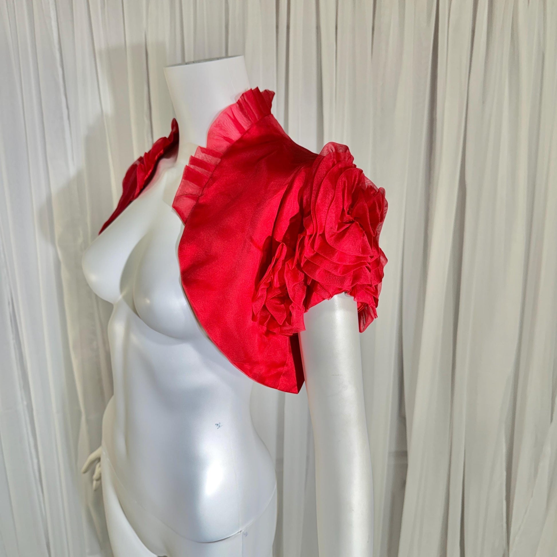 vintage 1990s evening jacket shrug, Vibrant red organza ruffled cocktail party shoulder cover