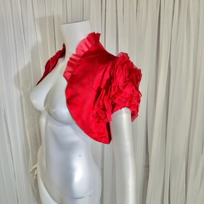 vintage 1990s evening jacket shrug, Vibrant red organza ruffled cocktail party shoulder cover