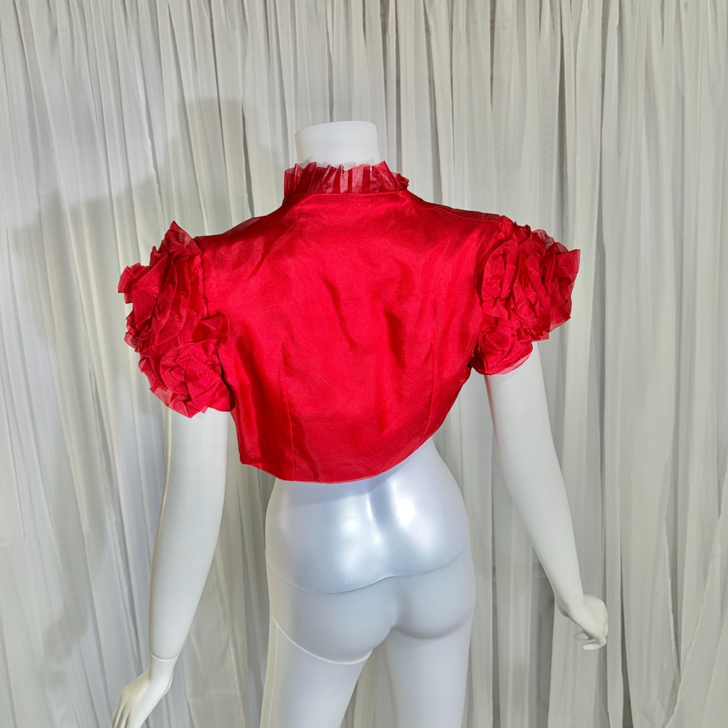 vintage 1990s evening jacket shrug, Vibrant red organza ruffled cocktail party shoulder cover