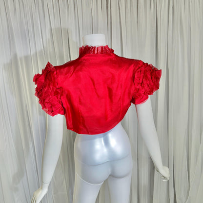 vintage 1990s evening jacket shrug, Vibrant red organza ruffled cocktail party shoulder cover